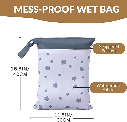 Miniatura 2 de Bolsas húmedas para pañales de tela, bolsa impermeable y reutilizable con 2 bolsillos con cremallera, 100% poliéster con asa, perfectas para