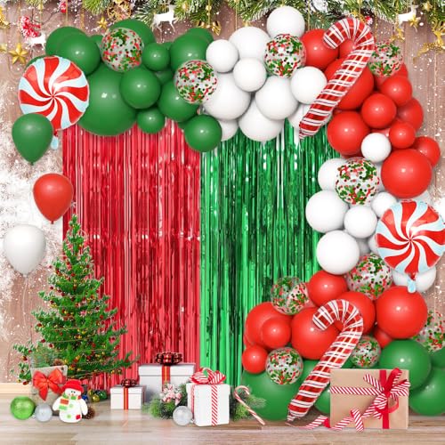 AIBIIN 153pcs Christmas Balloon Garland Arch Kit Christmas Party Balloons Decorations White Red Green Foil Fringe Curtain Xmas Birthday Baby Shower Party Balloons Arch Supplies