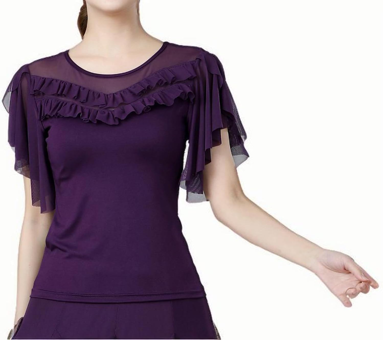 Women's Illusion-Neck Short Flaresleeve Ruffle Ladies Ballroom Dancewear Tops Women