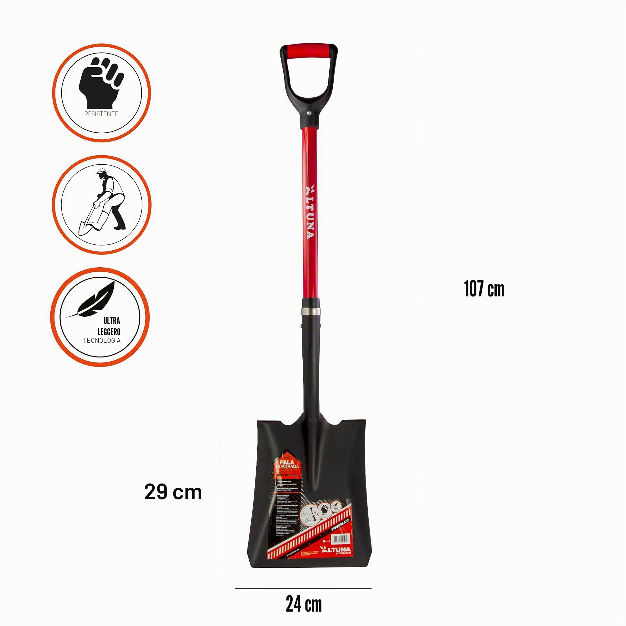 Altuna Pala di Giardinaggio di Alta Resistenza - 24 x 28 x 105 cm - Modello 8541F - Capacità Extra Forte con Manico in Fibra di Vetro - Ideale per Lavori e Agricoltura