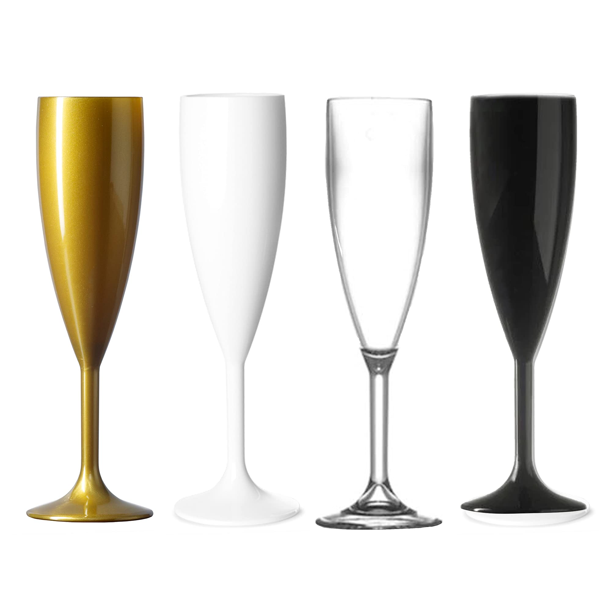Blanks Direct Champagne Flutes 175ml Plastic White Black Gold Clear Reusable Sparkling Wine Glasses Great for Weddings Bridal Showers Parties Unbreakable and Dish Washer Safe (Clear, 96)