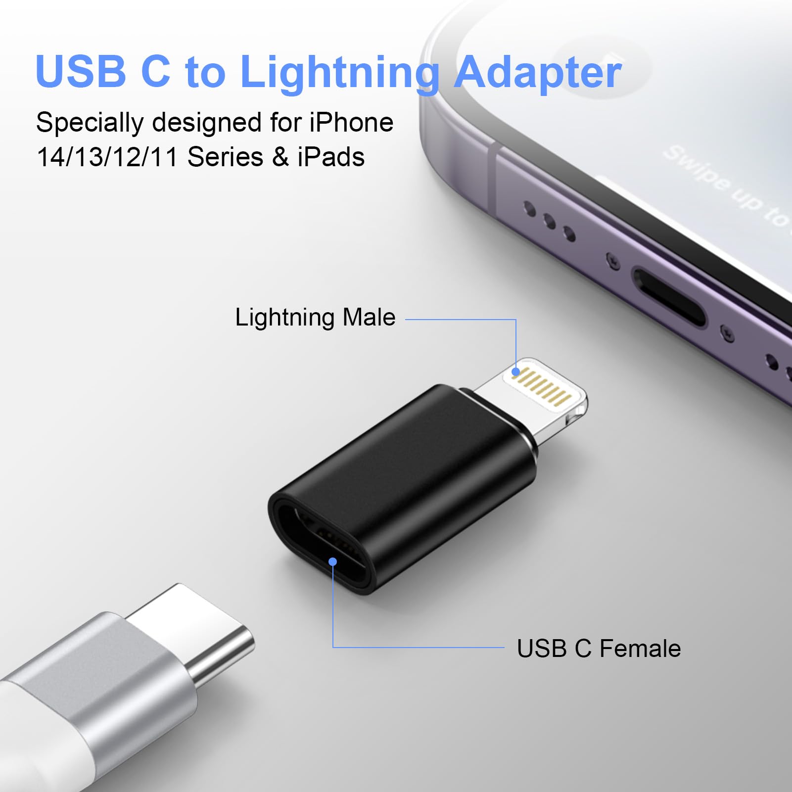 Adaptateur Lightning vers USB C Lot de 4, Charge Rapide et Transfert de Données pour iPhone 14 Pro Max 13 12 11, iPad AirPods