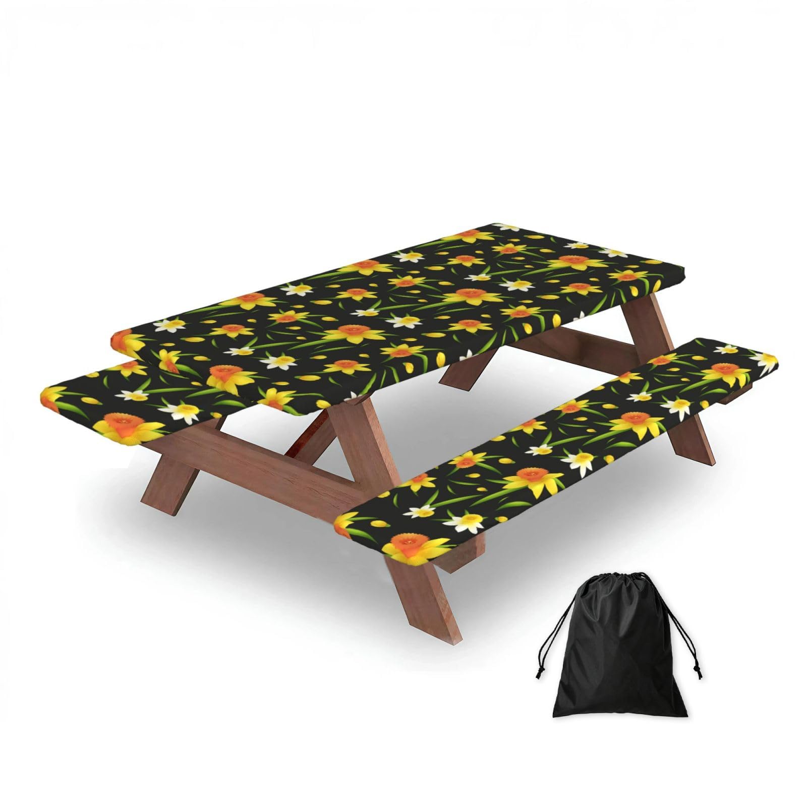 Dopklna As Picture Seamless Background Design With Daffodil Flowers, Picnic Table Cover With Bench Covers -Waterproof Elastic Fitted Tablecloth For Garden Camping Patio 76X152cm