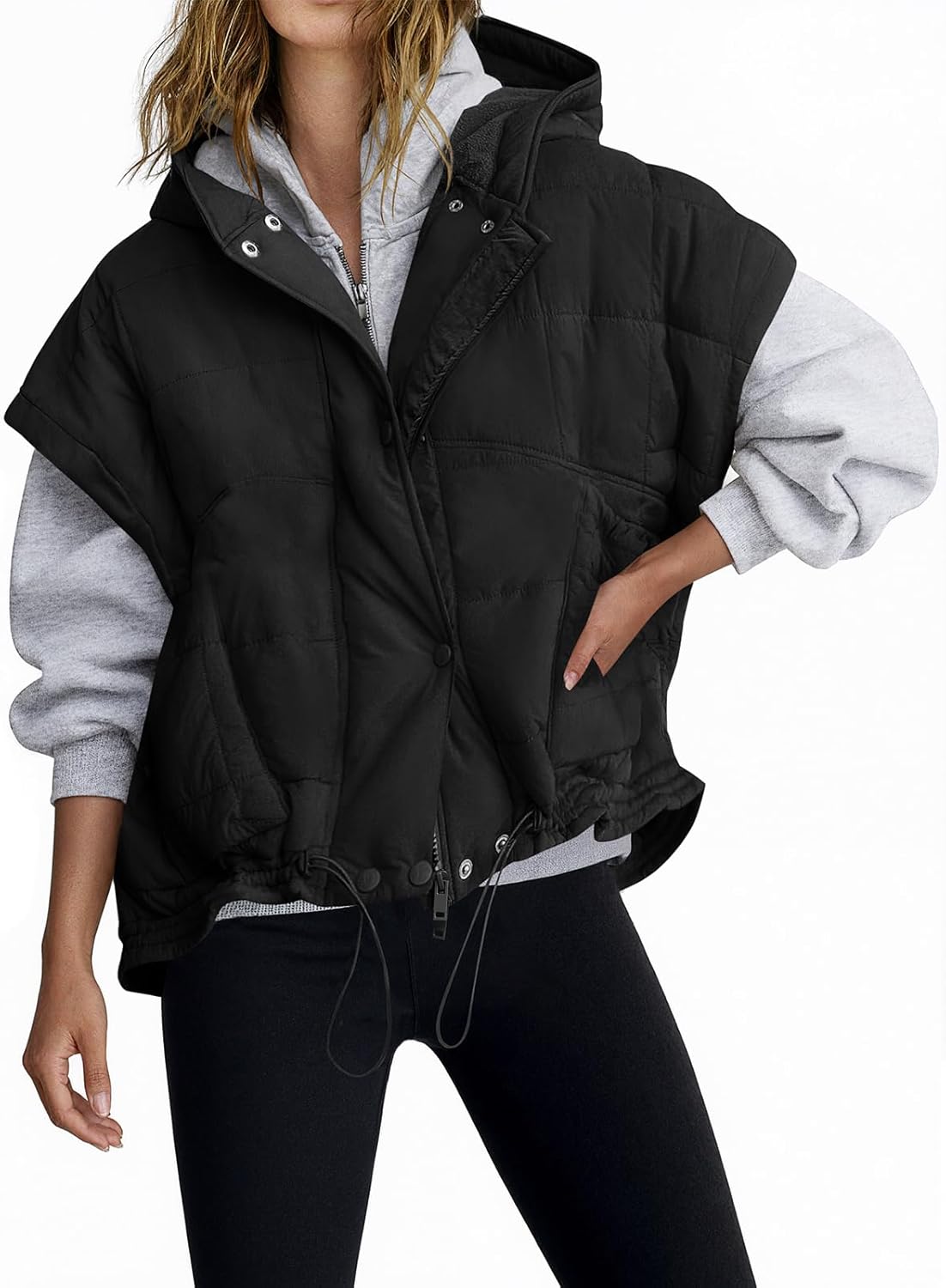 Tankaneo Womens Oversized Hooded Quilted Puffer Vest Cap Sleeve Warm Trendy Jackets Padded Outerwear Coat