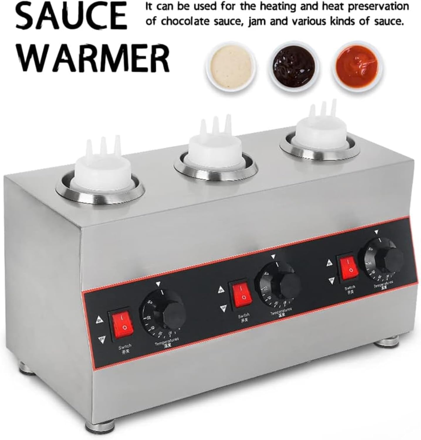 Commercial Electric Sauce Warmer 3 Pot, 480W Stainless Steel Countertop Sauce Dispenser, Adjustable Temperature from 30 to 85℃, Chili Hot Fudge Cheese Caramel Jam Sauce Warmer
