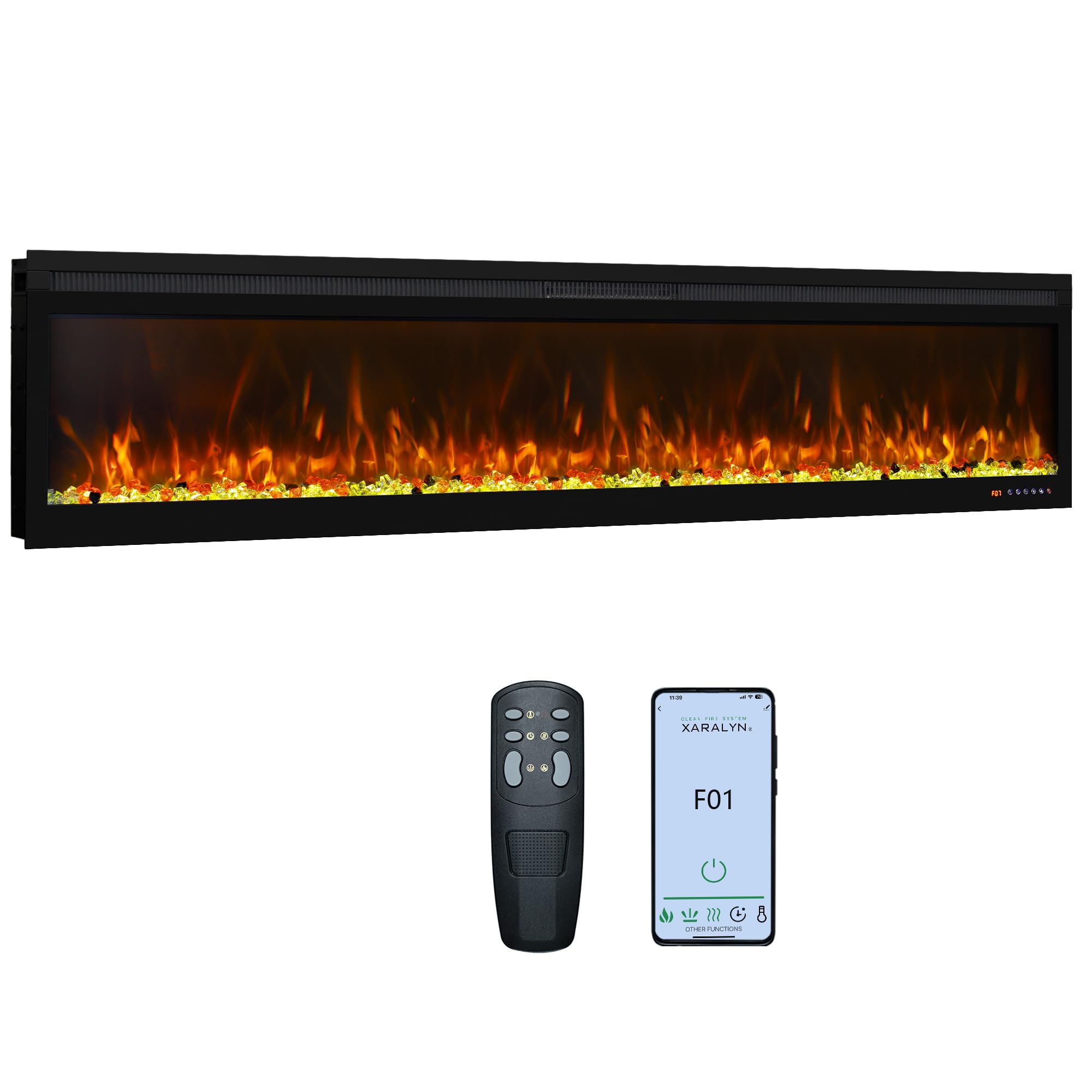 Oxhark Flame Ultra-Thin Electric Fireplace 78 Inch,App & Remote &Touch Screen Control,169 Flame Color Combinations, 9H Timer & Thermostat & Low Noise, Log & Crystal, 750W/1500W Fireplace Heater, Black