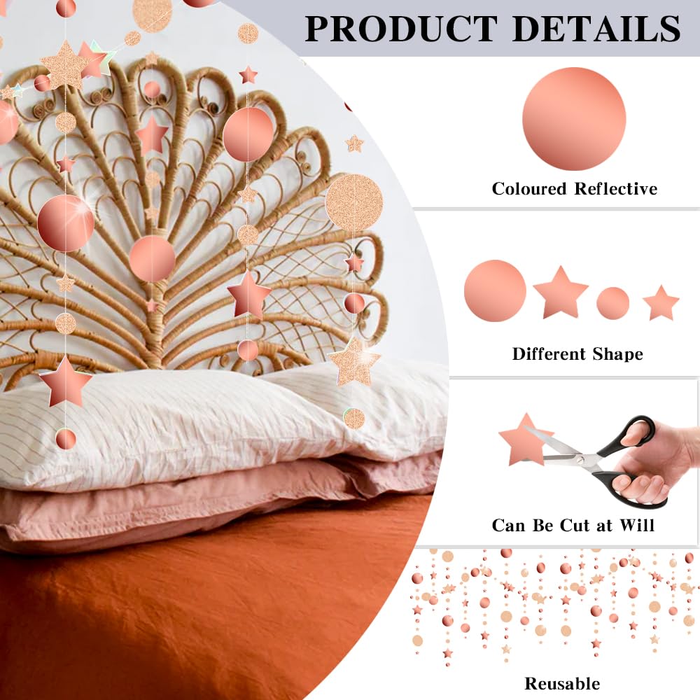 Iridescent Twinkle Circle Dot Star Garland Decoration,4PCS Holographic Rainbow Hanging Paper Garland,Hanging Shiny Paper Circle Dot Streamer for Christmas New Year Baby Shower Wedding(Rose Gold) - Image 3