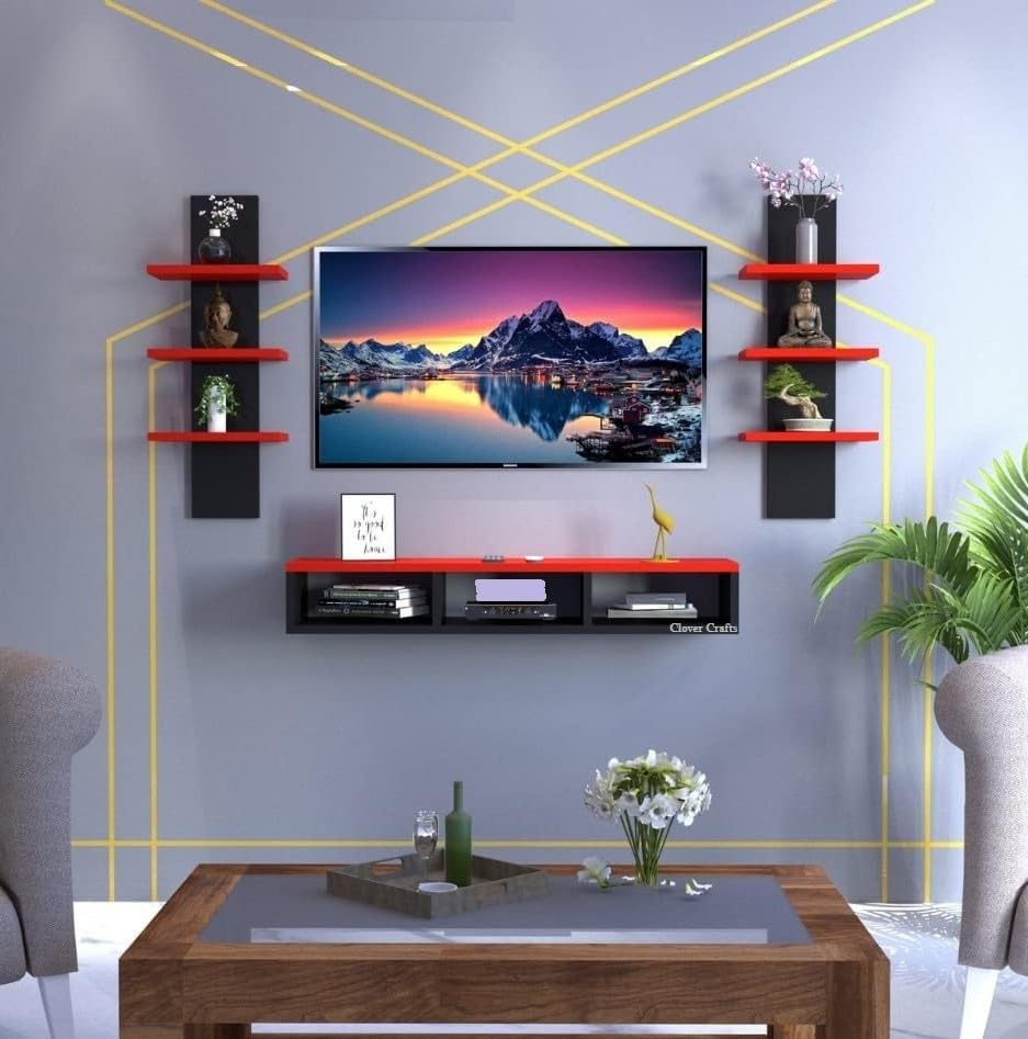 Maaz Art & Craft Wooden TV Entertainment Unit/TV Cabinet for Wall/Set Top Box Holder for Home/Wall Set Top Box Shelf Stand/TV Stand Unit for Wall for Living Room (Red,Black)