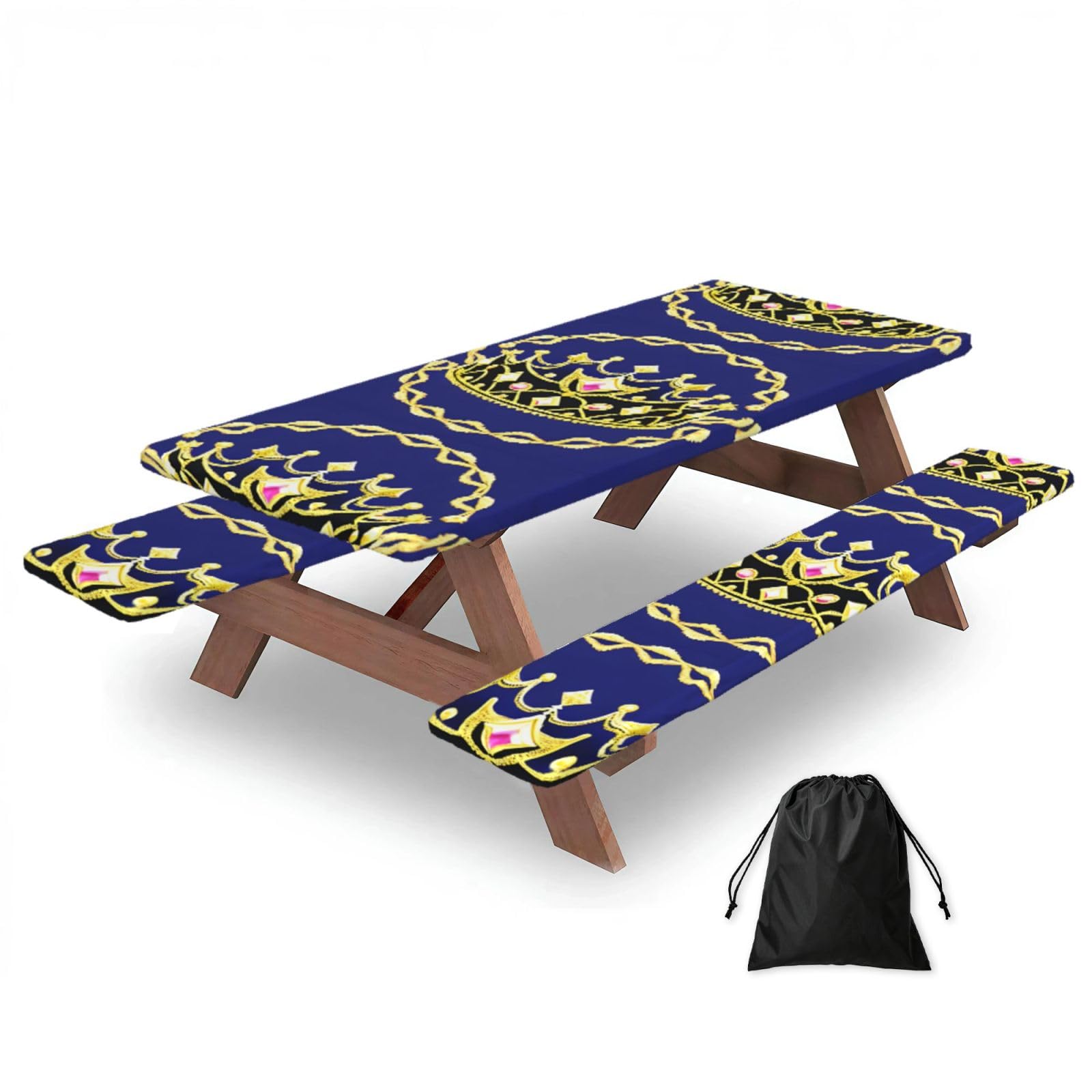 Erwqavc Black Fantasy Tiara Print Picnic Table Cover & Bench Covers 3-Pack Set, Elastic Tablecloths For 6 Ft Rectangle Tables