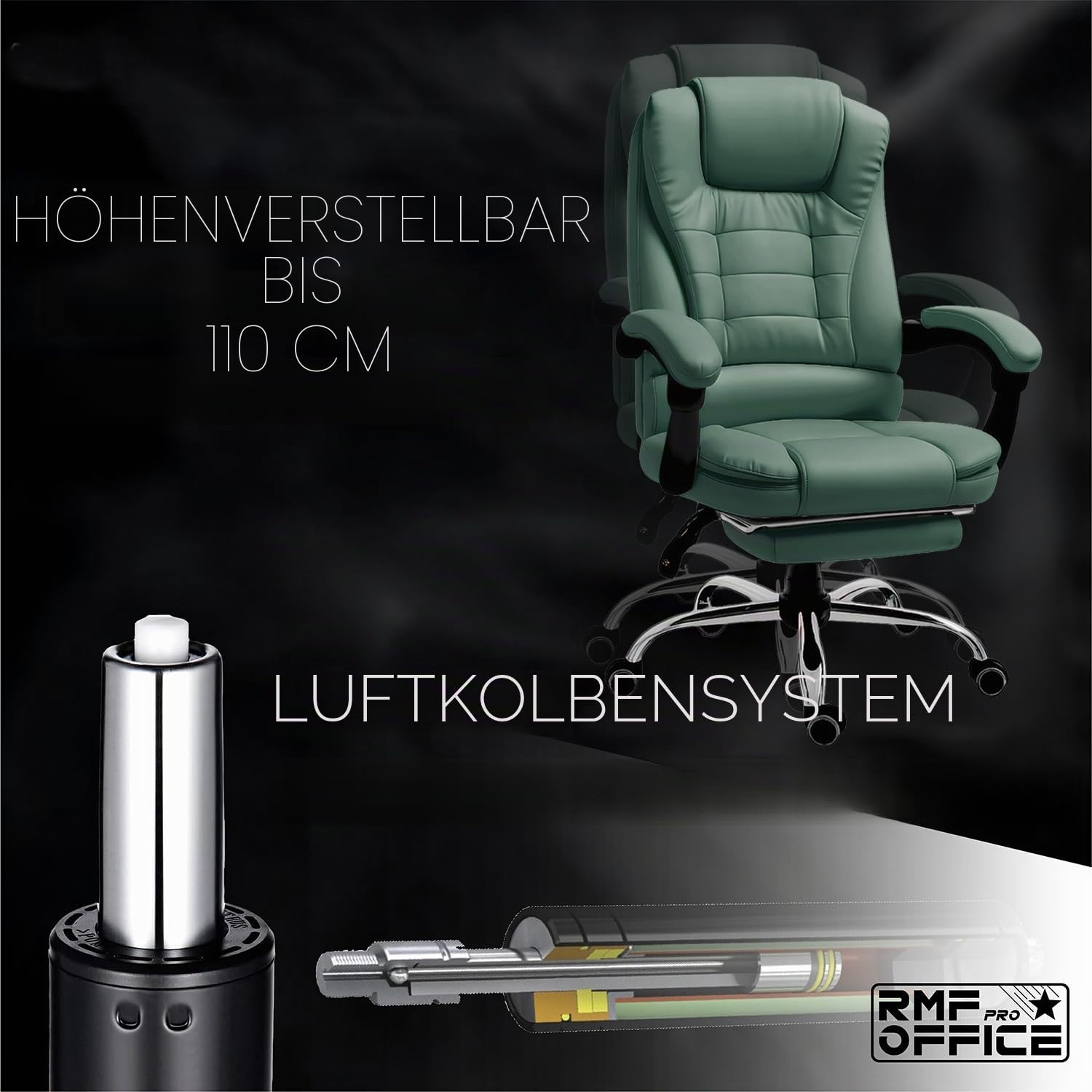 RMF Ergonomischer professioneller klappbarer Bürostuhl, bequemer und entspannender Schreibtischstuhl mit Fußstütze - entspannender Sessel mit drehbaren Rädern, höhenverstellbar grün