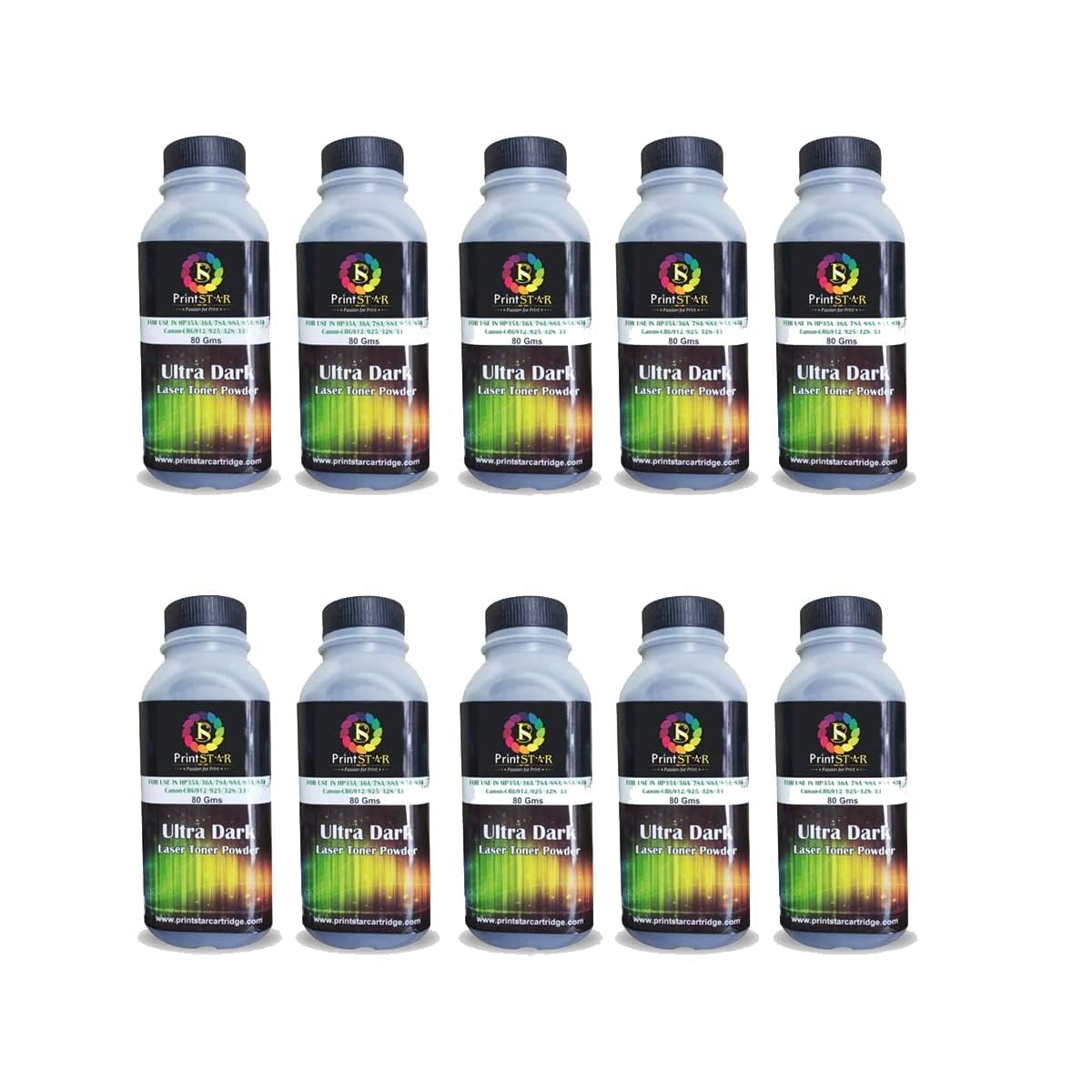 Print Star Ultra Dark Toner Powder for Use in Hp 88A. 78A, 36A, 83A, 35A, 85A Canon 925,328,326,337 Toner Cartrodge Pack of 10 (80GM)
