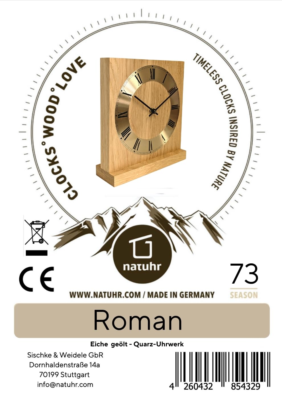 Zegar ścienny zegar stołowy - Roman - zegar drewniany z litego drewna dębowego w nowoczesnym stylu z metalową obręczą - dąb olejowany - cichy mechanizm kwarcowy