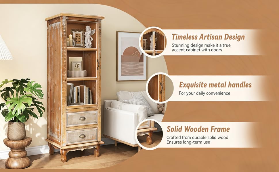 Image of Vintage Tall Wood Storage Cabinet with Glass Door and Drawers - Single Door Display Cabinet for Living Room, Office, or Entryway
