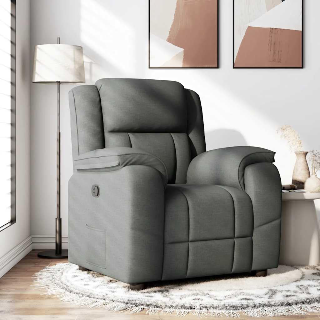 Fotel relaksacyjny, ciemnoszary, materiał z regulowanym oparciem i podnóżkiem, ergonomiczny fotel z podłokietnikami, drewniana metalowa rama, fotel wypoczynkowy do salonu, biura, czytania