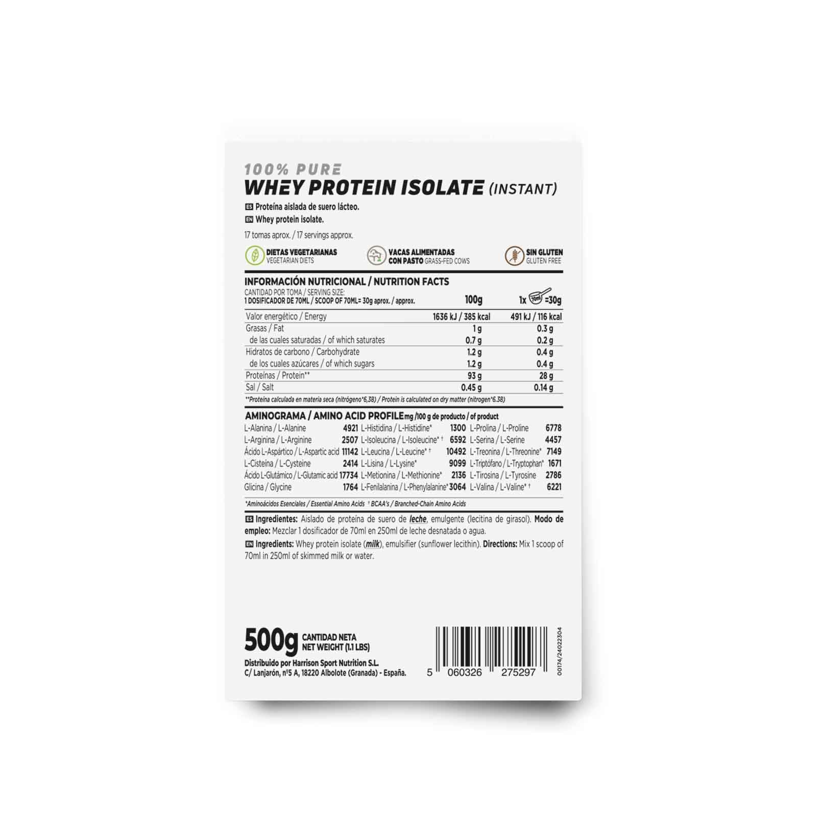 HSN Aislado de Proteína de Suero CFM Sin Edulcorantes | Neutro 500g | 100% Whey Protein Isolate | No Incluye Dosificador | No-GMO Vegetariano Sin Gluten ni Soja