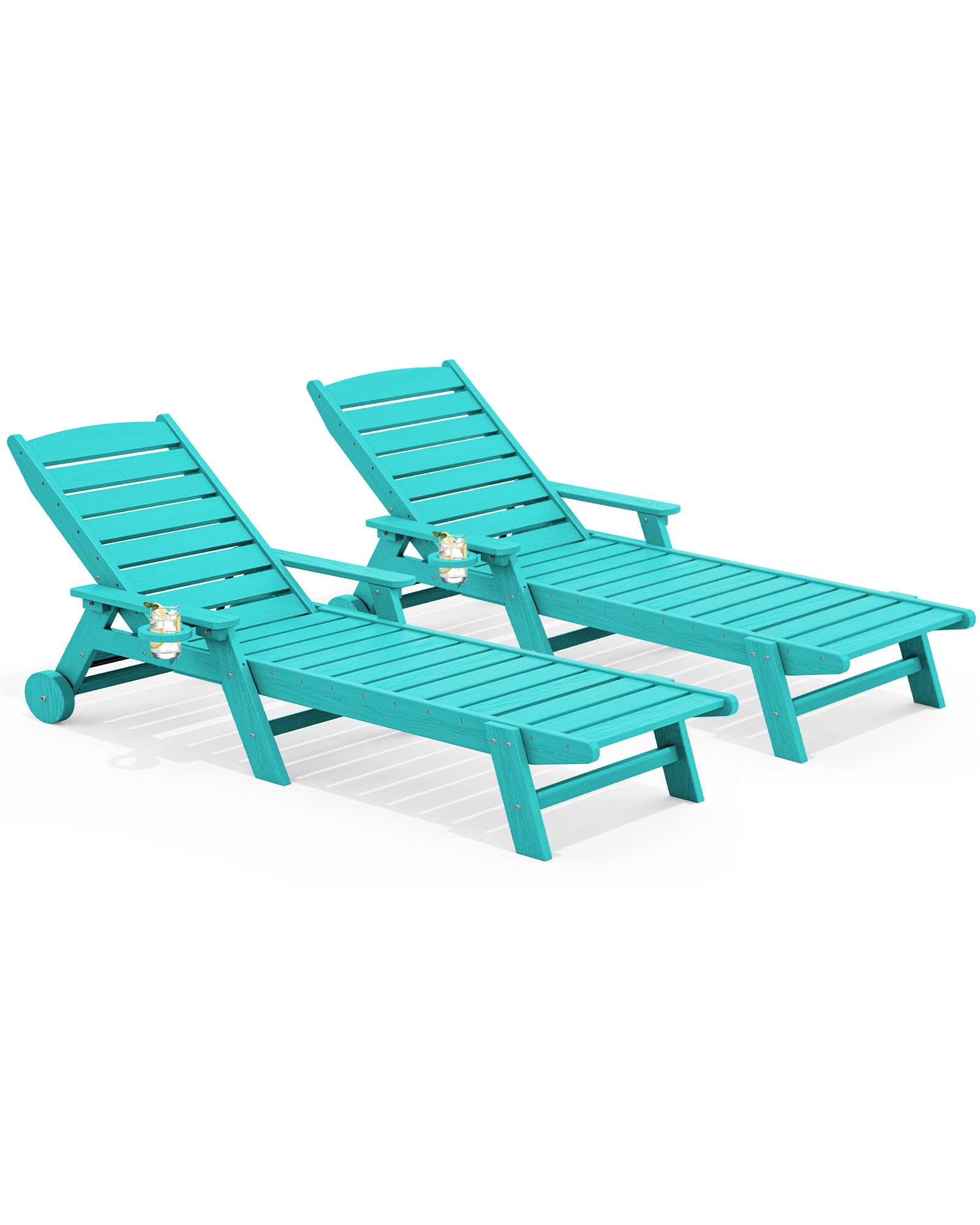 SERWALL HDPE Outdoor Chaise Lounge Set of 2 with Cup Holder, New Aqua Blue