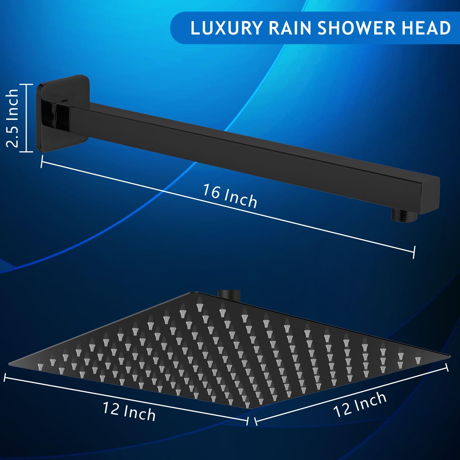 Voolan - Alcachofa de ducha de lluvia con brazo extensible, de acero inoxidable, ultrafina, con cascada, cabezal fijo cuadrado de alto flujo (12 pulgadas, brazo de ducha de 40,64 cm, negro)