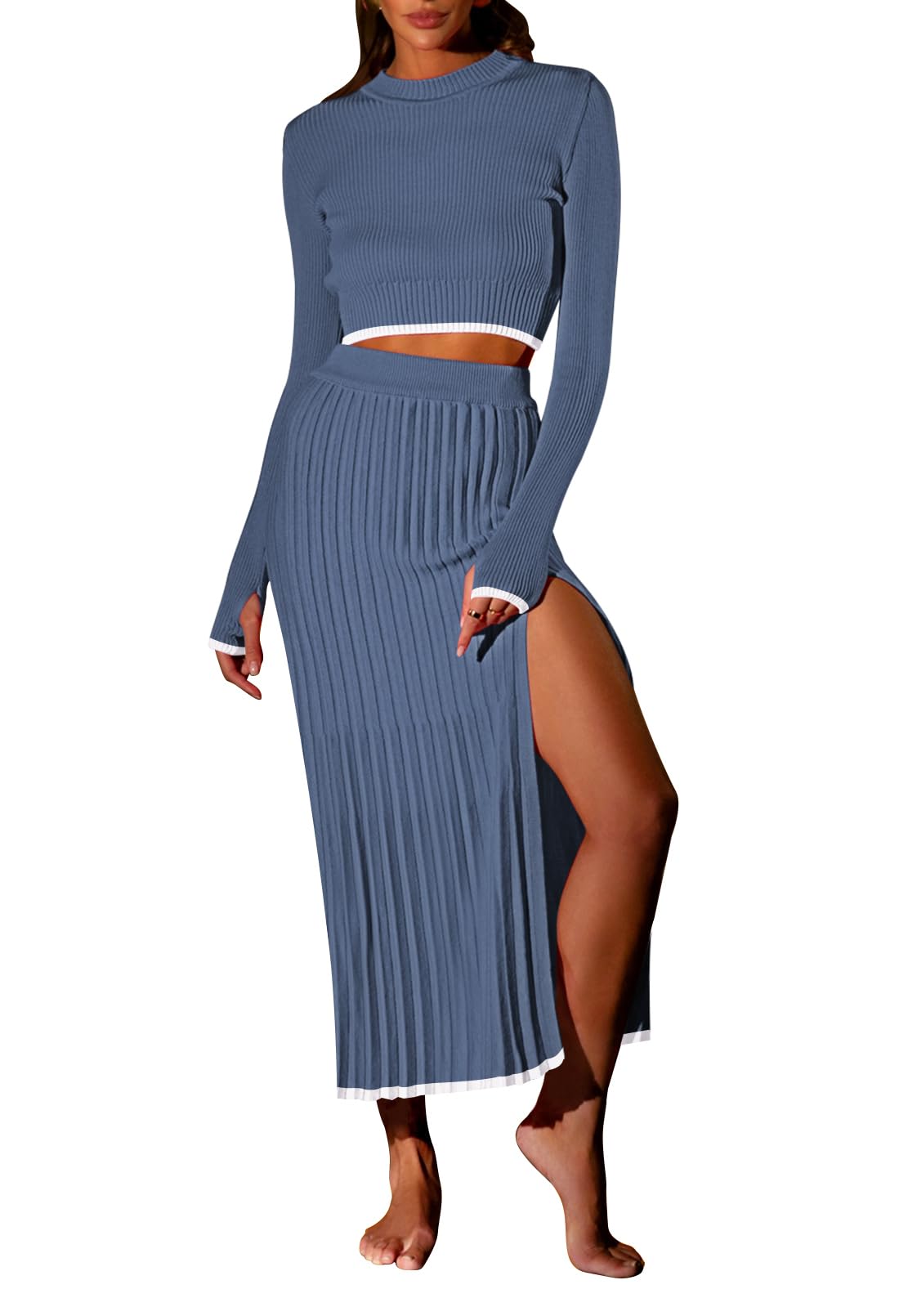 Pink Queen Womens 2 Piece Sweater Outfits Set Long Sleeve Crop Top Ribbed Split Bodycon Midi Long Skirt