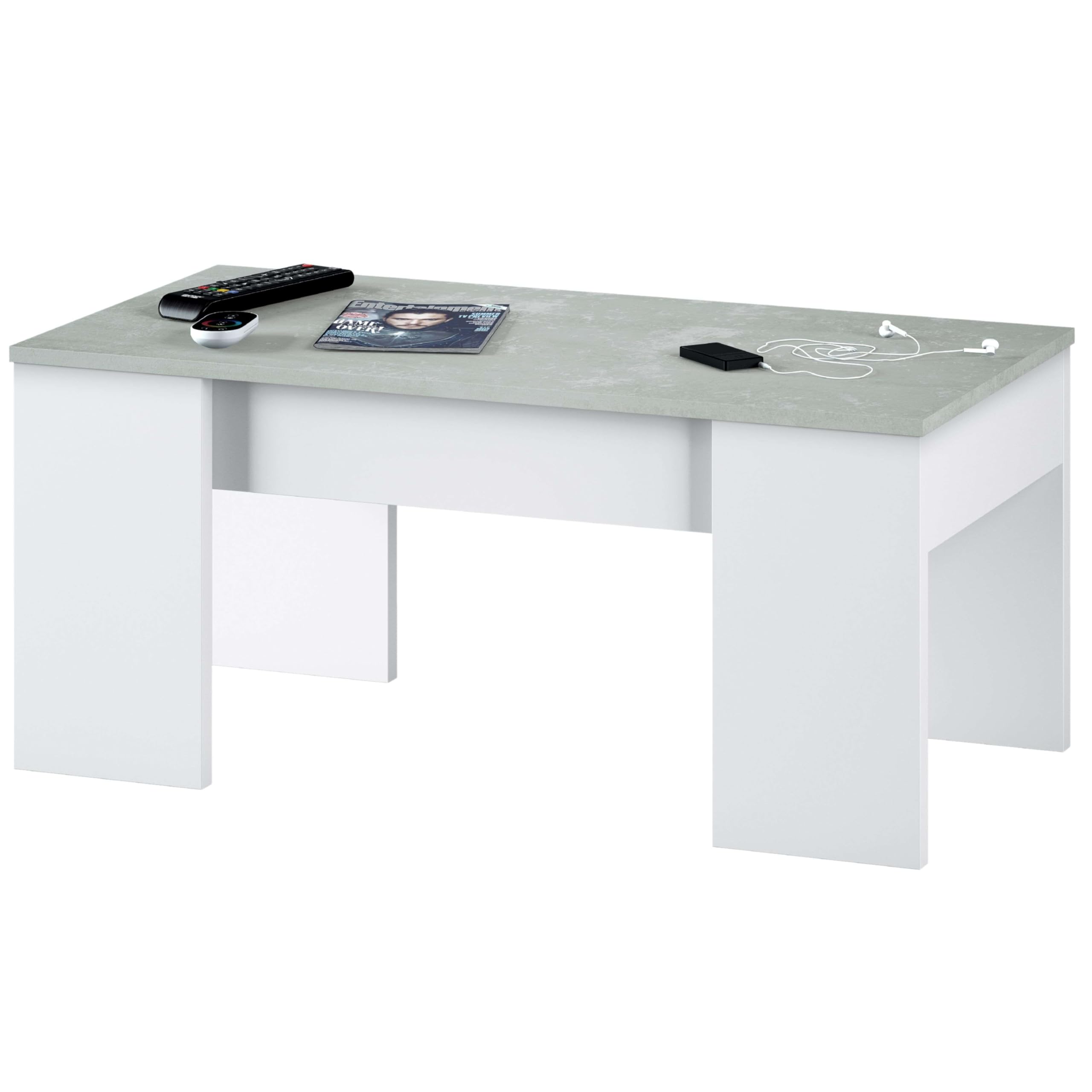 Mesa de Centro Elevable, Mesita de Salón o Comedor, Modelo LC, Acabado en Color Blanco Artik y Cemento, Medidas: 100 cm (Ancho) x 50 cm (Fondo) x 45-56 cm (Alto)