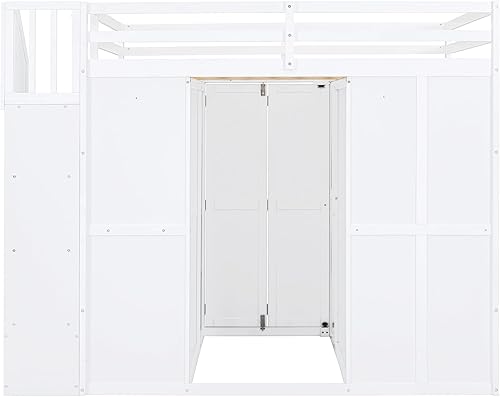 Miniatura 113 de Cama alta funcional tamaño individual con 2 cajones y 2 armarios, base de cama de madera maciza con barandilla de seguridad y escalera de