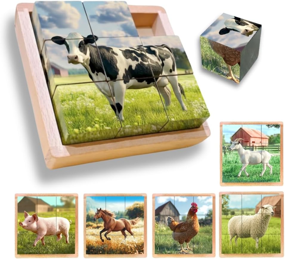 6-in-1 Wooden Animal Puzzle – Montessori Cube Toy for Kids – Realistic Farm Animals Educational Wood Blocks for Toddlers Ages 3–6