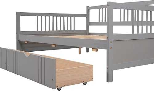 Miniatura 21 de Flieks Sofá cama de madera de tamaño individual con dos cajones de almacenamiento y soporte de 10 listones de madera (blanco)
