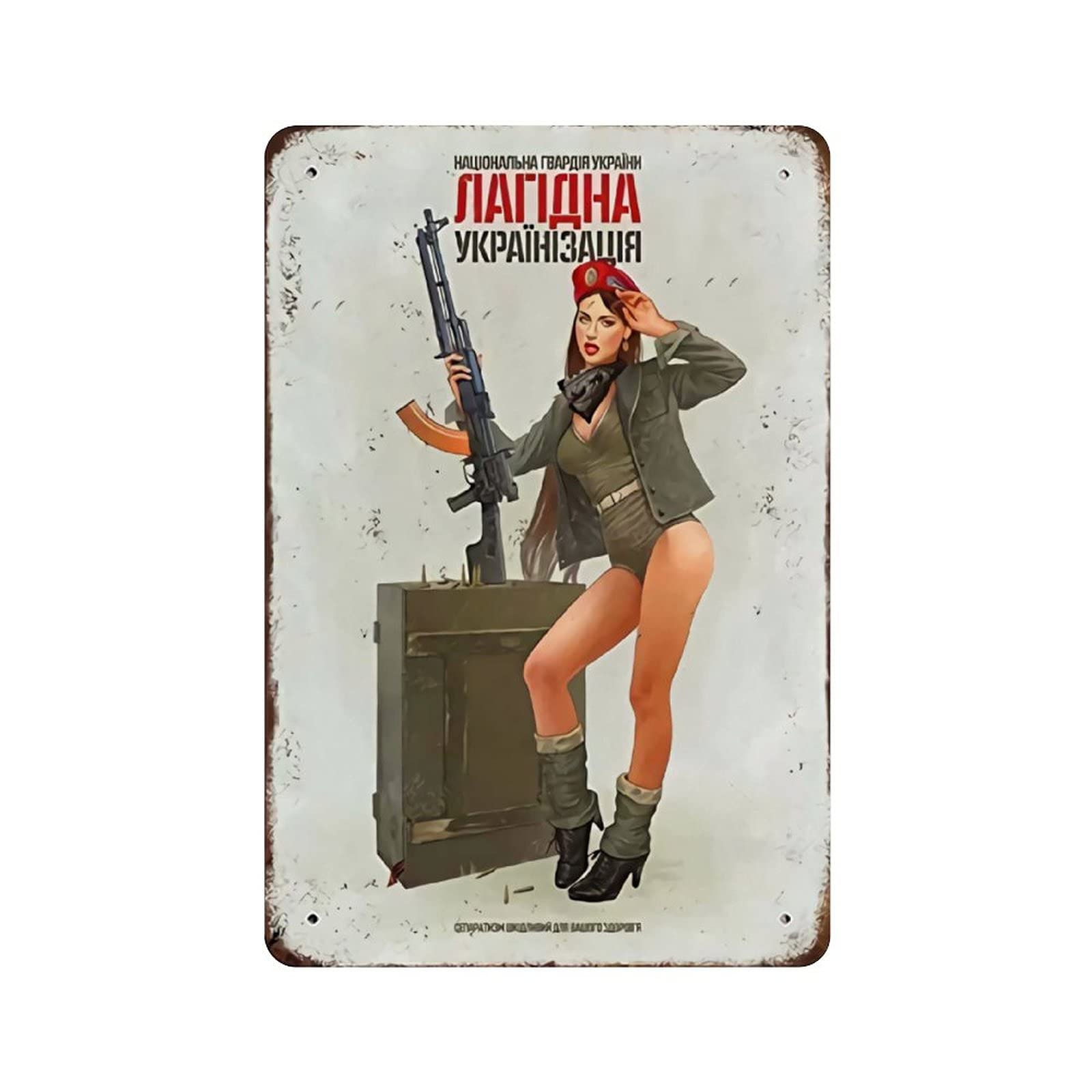KEYGAMER Sexy Beauty Young Warrior Holding Ak Metal Tin Sign, Vintage Plaque Poster Garage Bar Home Wall Decor 8 X 12 Inches