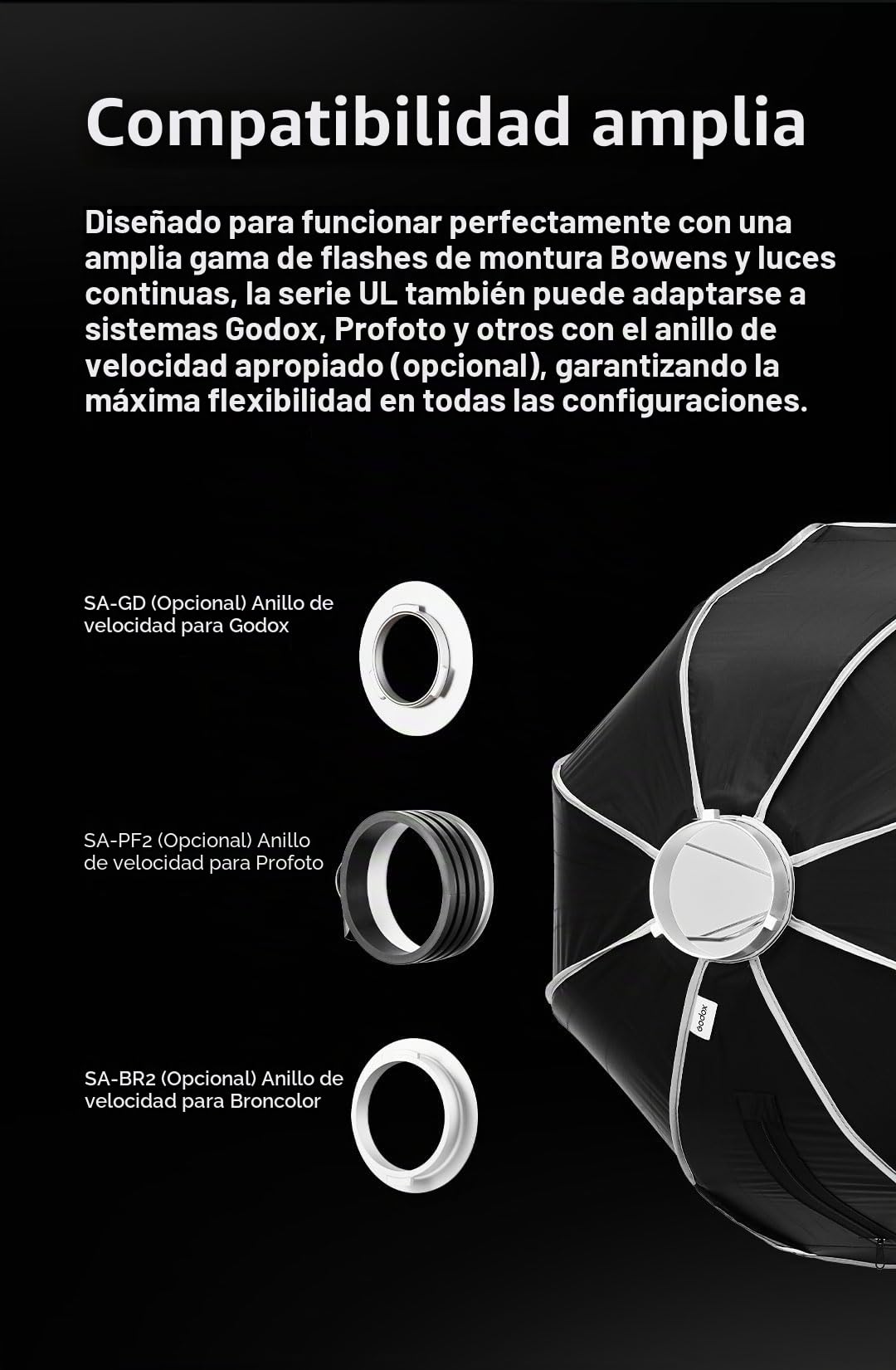 Godox Caja de luz de liberación rápida de 90 cm octagonal con conexión Bowens, caja de luz con paraguas plegable con difusores frontales e interiores desmontables, rejilla de nido de abeja y placa