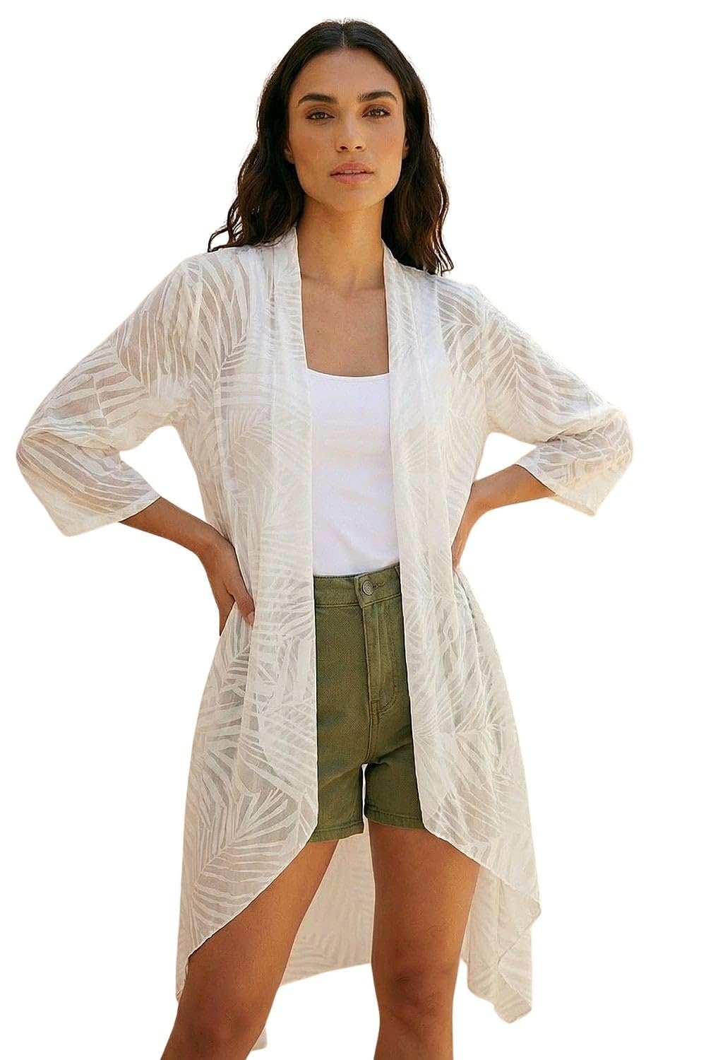 Roman Originals Women's Burnout White Roman Mesh Sheer Longline Kimono - Fashion Cover Ups For Formal Fancy Casual Everyday Work Evening Dinners Party Christmas New Years Occasions - Size 12