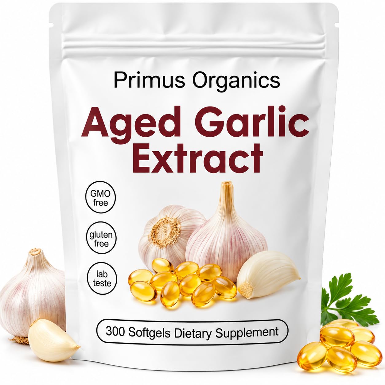 Primus Aged Garlic Extract, Primus Aged Garlic 24 Month Aged,Odorless Garlic Supplement,All-Natural,Vegetarian,300 Softgels (1PCS)