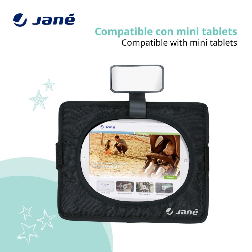 Jané Espejo de Seguridad para Coche, con Funda para Tablet y Minitablet, Vigilancia del Niño Durante la Conducción, Negro