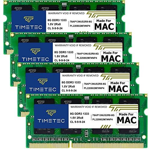 Timetec 32Go KIT(4x8Go) Compatible avec Apple DDR3 1333 MHz PC3-10600 CL9 pour iMac (mi-2010 27 Pouces, mi-2011 21,5/27 Pouces) SODIMM RAM Mise à Niveau pour...