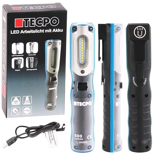TECPO AKKU Werkstattlampe LED Inspektionsleuchte magnetisch 500 Lumen Handlampe 6500K 5+3 Watt Stablampe SMD Technik Lithium-lonen 3.7V 2500 mAh