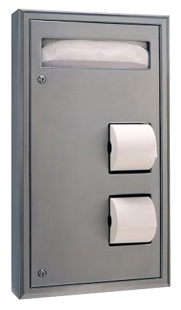 Bobrick 3479 ClassicSeries 304 Stainless Steel Surface Mounted Dual Roll Seat Cover and Toilet Tissue Dispenser, Satin Finish, 17-3/16" Width x 30-7/8" Height x 4-3/16" Depth