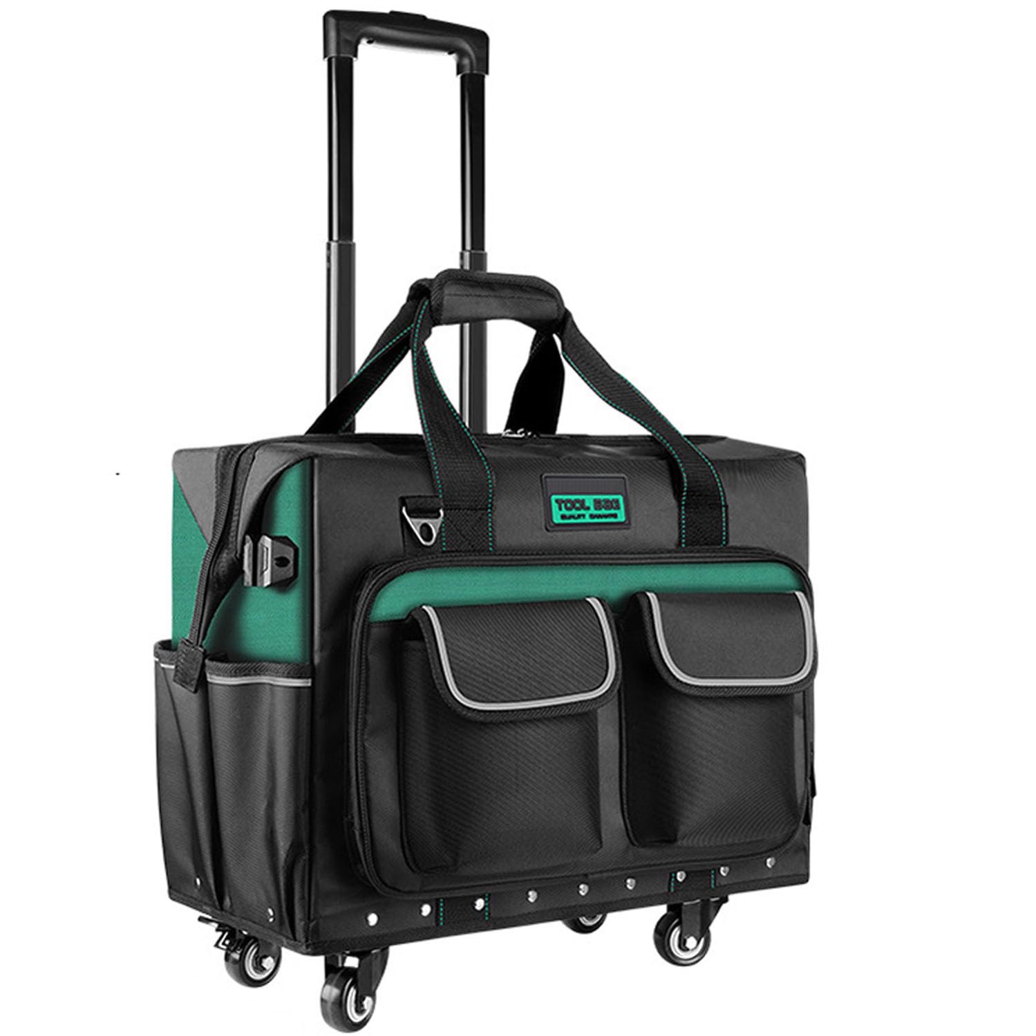 Large Roller Tool Bag with Four Spinner Wheels Portable Rolling Tool Bag with Steel Plate Base Waterproof Green