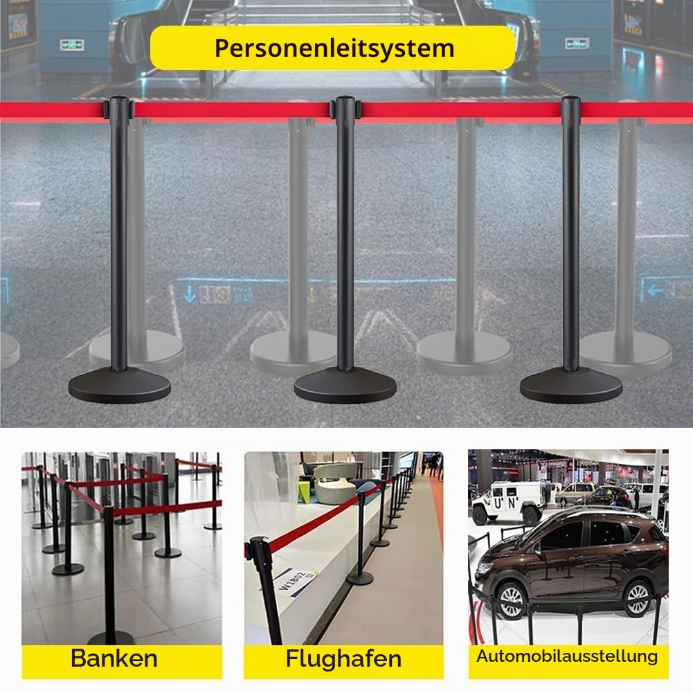 Premium Absperrstab mit Seil - Robuster Crowd Control Bandstab für Warteschlangen, Events & Ladenmanagement, Kohlenstoffstahl Seilabsperrungen,Set mit 6.5 ft/2 m rotem einziehbarem Gürtel (4)