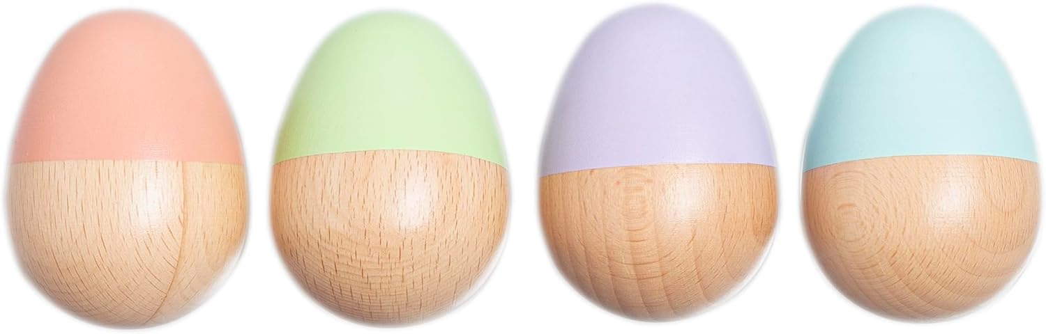 Pearhead Wooden Egg Shaker Baby Toy Set – 4-Piece Montessori Musical Sensory Toy, FSC-Certified Wood, Develops Rhythm & Fine Motor Skills, Pastel Baby Maracas for Boys and Girls, 0+ Months