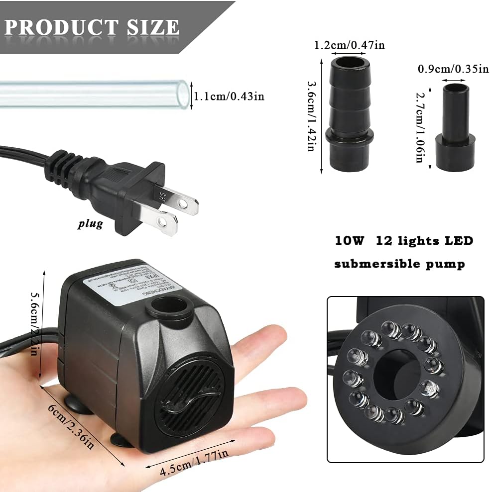 BUYGOO 10Watt 160 GPH Submersible Fountain Pump wiht LED Light Ultra Quiet Small Fountain Water Pump Outdoor for Water Feature, Outdoor Pond, Aquarium fish tanks, Home Décor Fountain