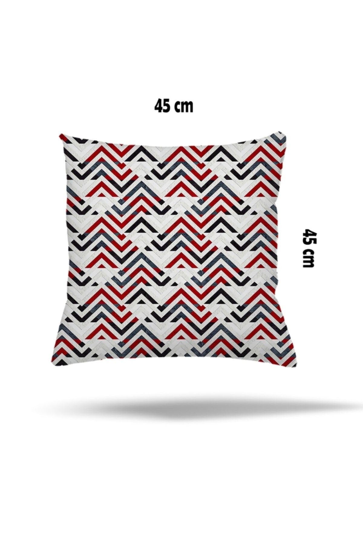 Pelangi Geometrik Karo Zigzak Kilim Desen Gizli Fermuarlı Yastık Kılıfı Kırlent Kılıfı, Bordo-Gri 45 x 45