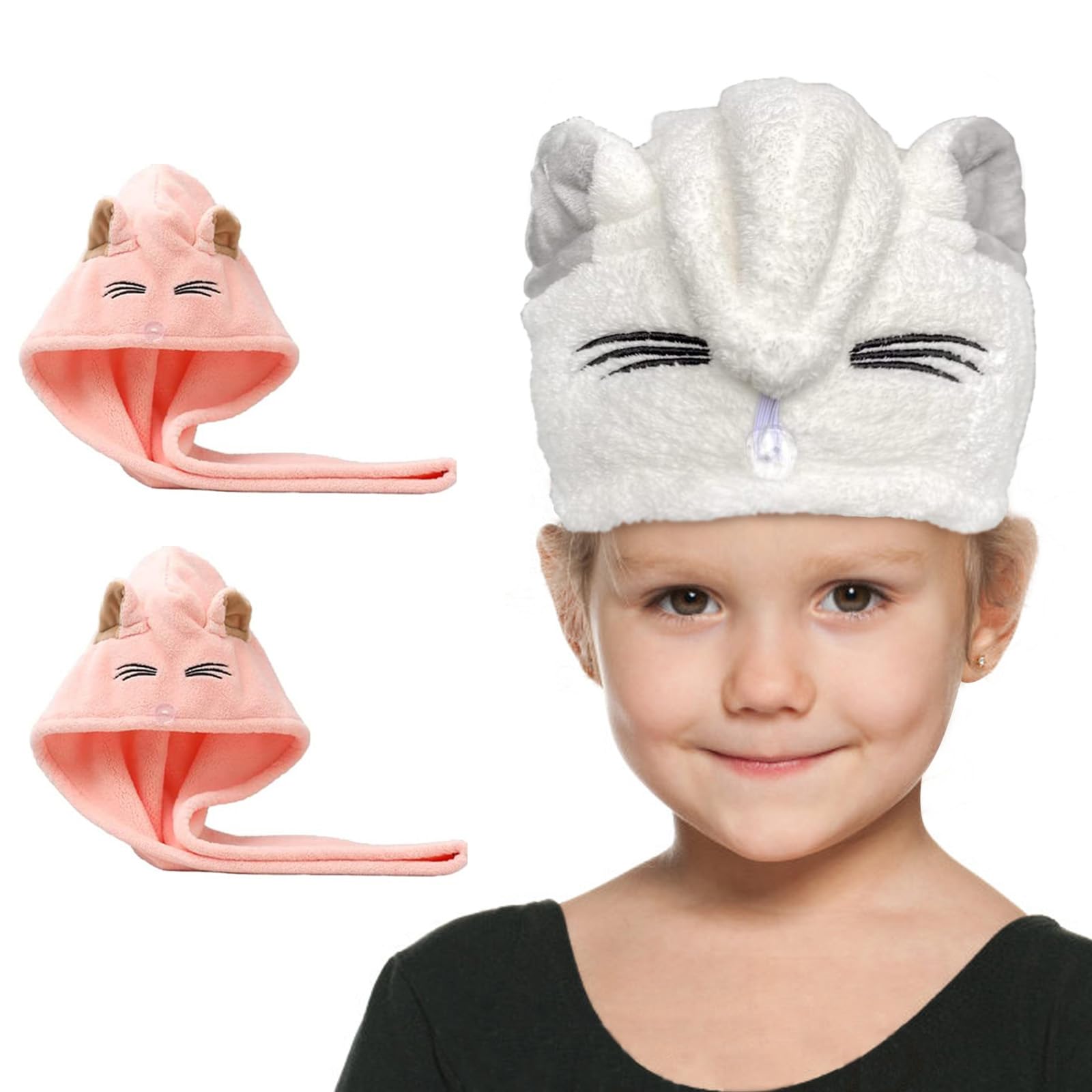 sisiten Kids Microfiber Hair Towel for Girls - Quick Drying Hair for Children - Super Absorbent Head Turban with Button - 2 Pack Pink