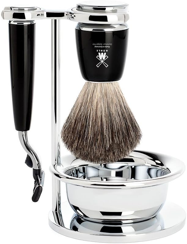 MÜHLE RYTMO Black Conjunto de Barbear com 4 Peças, Pincel de Pelo de Texugo Puro e Barbeador de 3 Lâminas