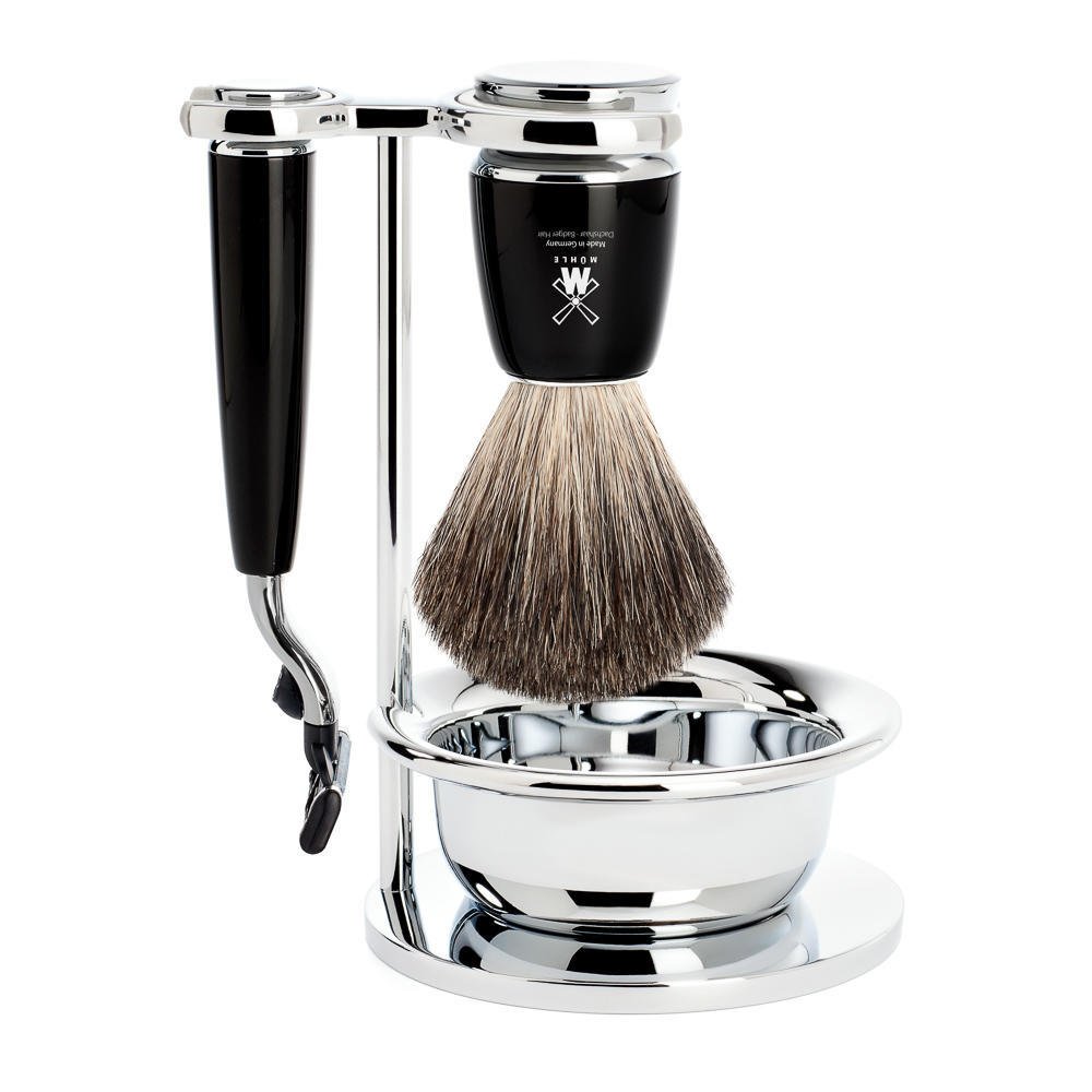 MÜHLE RYTMO Black 4-Piece Pure Badger 3-Blade Razor Modern Luxury Wet Shaving Set – Perfect for Every Day Use, Barbershop Quality Close Smooth Shave