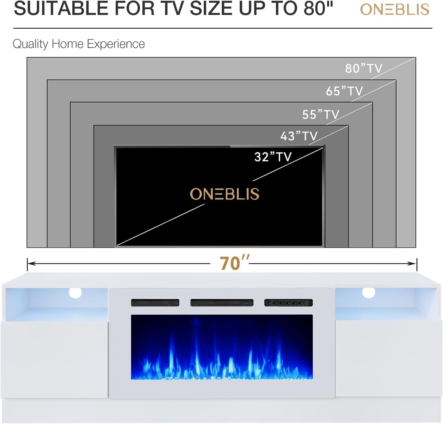 70" Fireplace TV Stand, LED Light Entertainment Center for TVs Up to 80", High-Gloss Door, Modern TV Console for Living Room with Storage Cabinet, White+White - Image 7