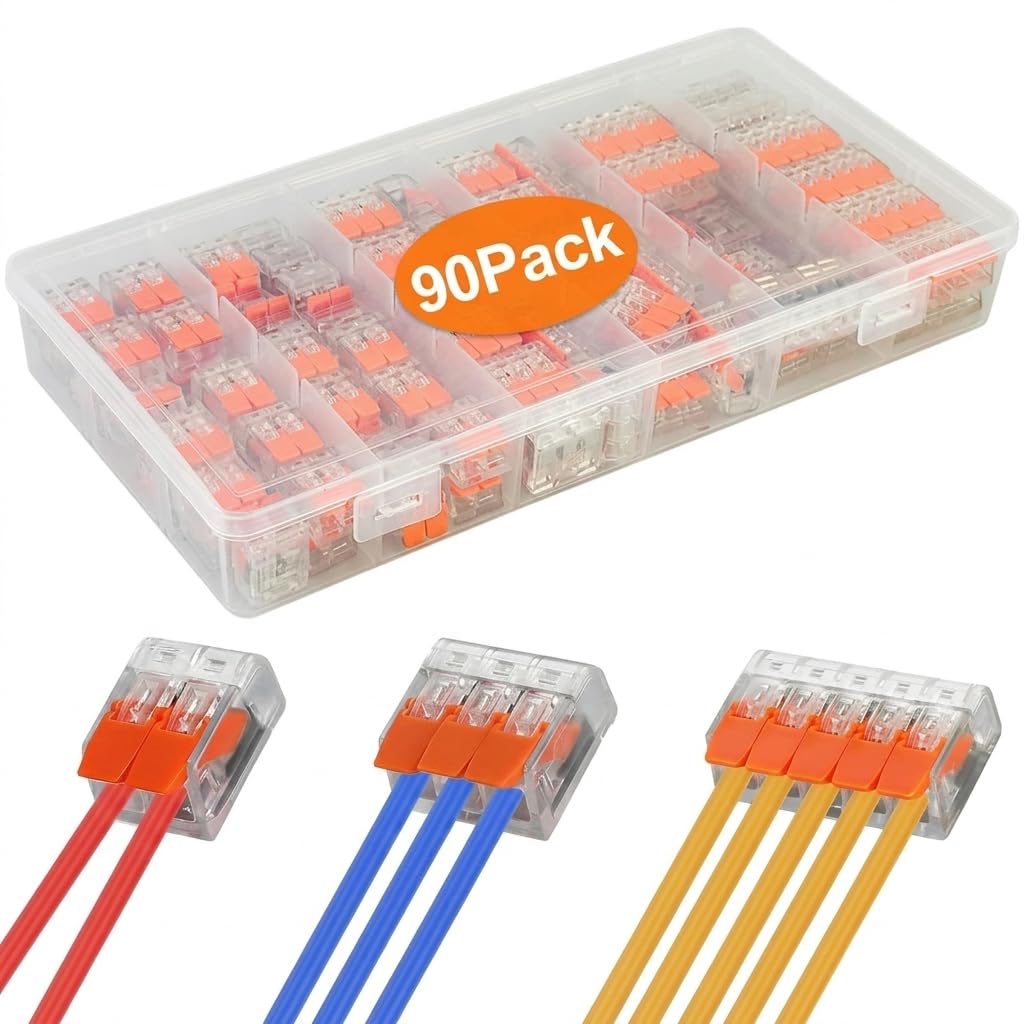90PCS Electrical Wire Connectors 2/3/5 Port, Quick Press Cable Connectors, Flame Retardant PA/PC Material, Compact Reusable Terminal Block Set for Home Lighting, Appliance Repair and General Wiring