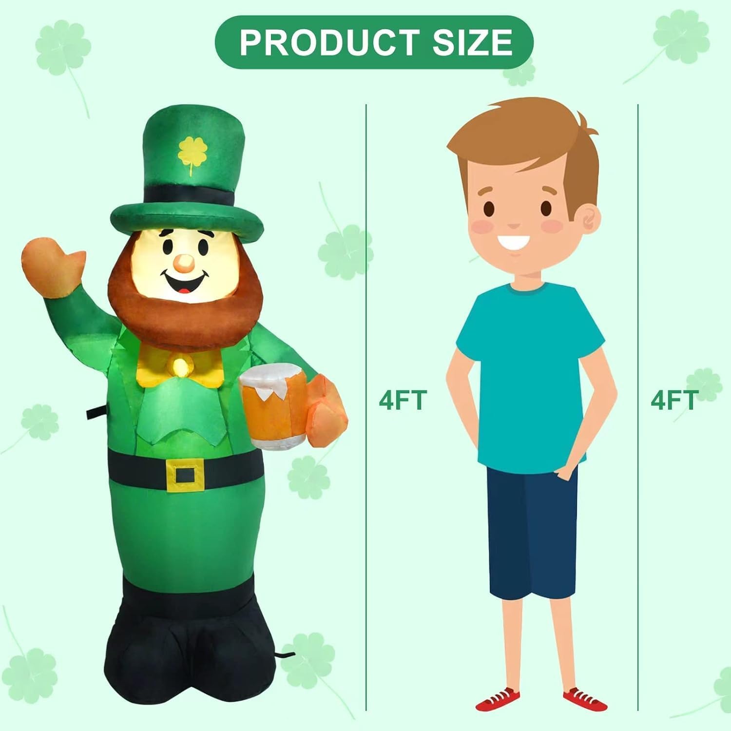 4 Ft Inflatable St Patricks Day Leprechaun Lighted Blow Up Shamrock Outdoor Yard Decoration with LED Light for Yard Garden Lawn Holiday