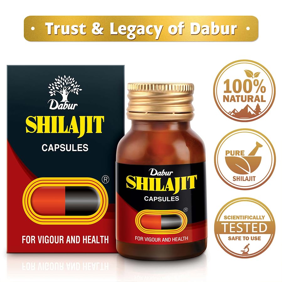 Image of Dabur Shilajit Ayurvedic Capsules - 30 capsules | Pure Shilajit with Antifatigue and Anti Inflammatory Benefits | For Vigour, Strength and Ayuvedic Health | Immunity Booster