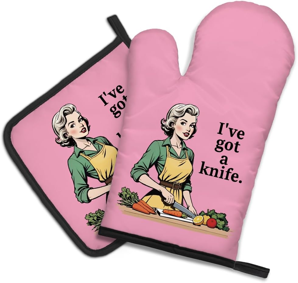 DYJYBMY I’ve Got A Knife Funny Oven Mitts and Pot Holder Set for Baking Cooking, Vintage Lady Kitchen Gadgets for Women, Fun Housewarming Cooking Gifts for Women Bakers Mom Wife Grilfriend Sister BFF DYJYBMY I’ve Got A Knife Funny Oven Mitts and Pot Holder Set for Baking Cooking, Vintage Lady Kitchen Gadgets for Women, Fun Housewarming Cooking Gifts for Women Bakers Mom Wife Grilfriend Sister BFF