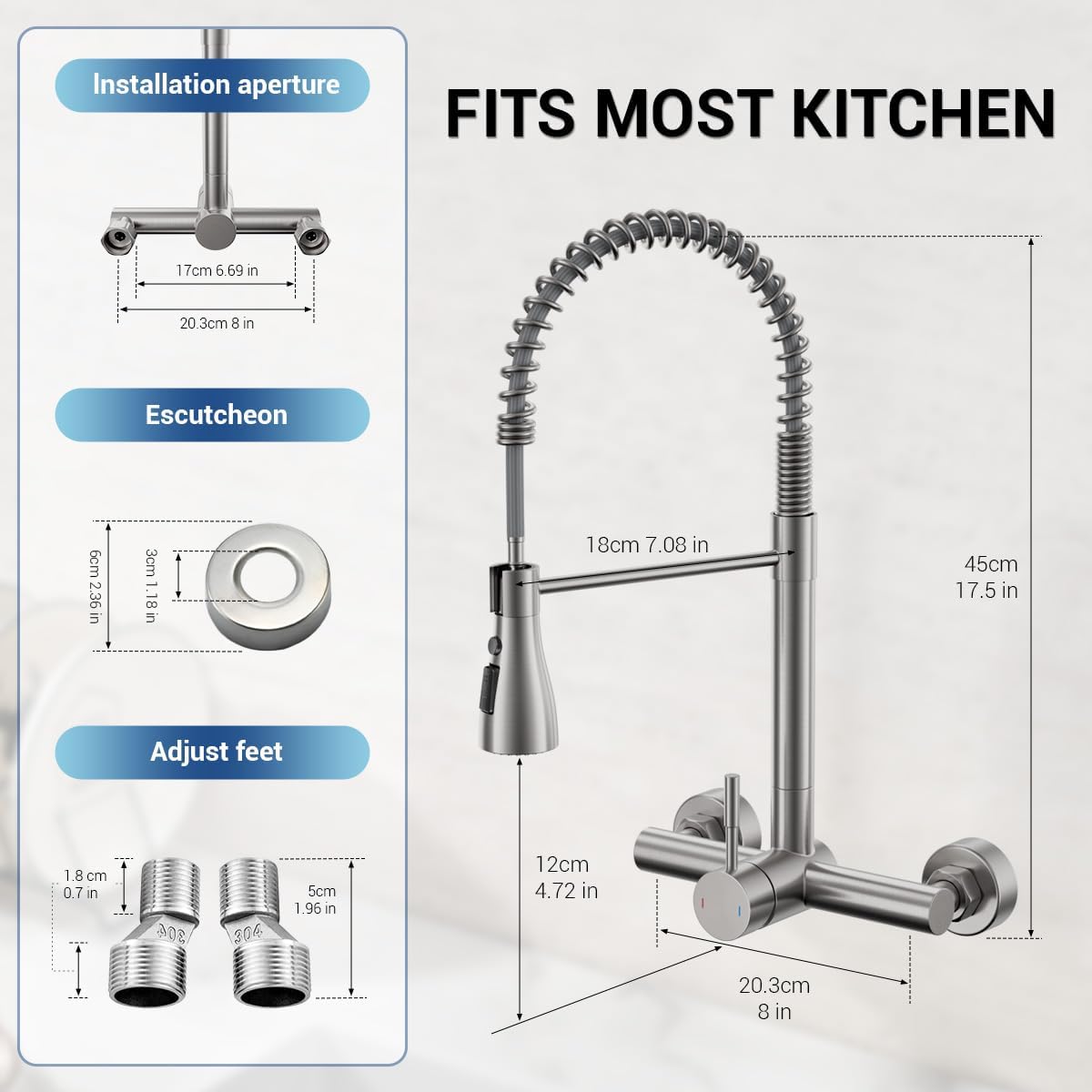 Wall Mount Kitchen Faucet with Pull Down Sprayer 3 Functions, 304 Stainless Steel Wall Mount Faucet 8 Inch Center, Single Handle Kitchen Sink Faucet High Arc 360° Swivel, Brushed Nickel