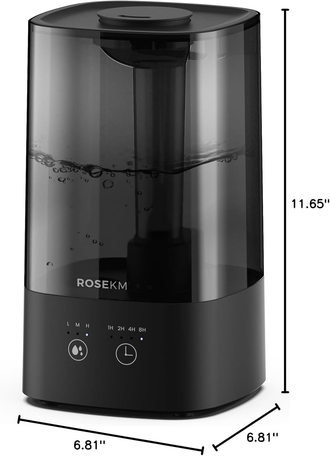 Rosekm Humidifier with its dimensions labeled