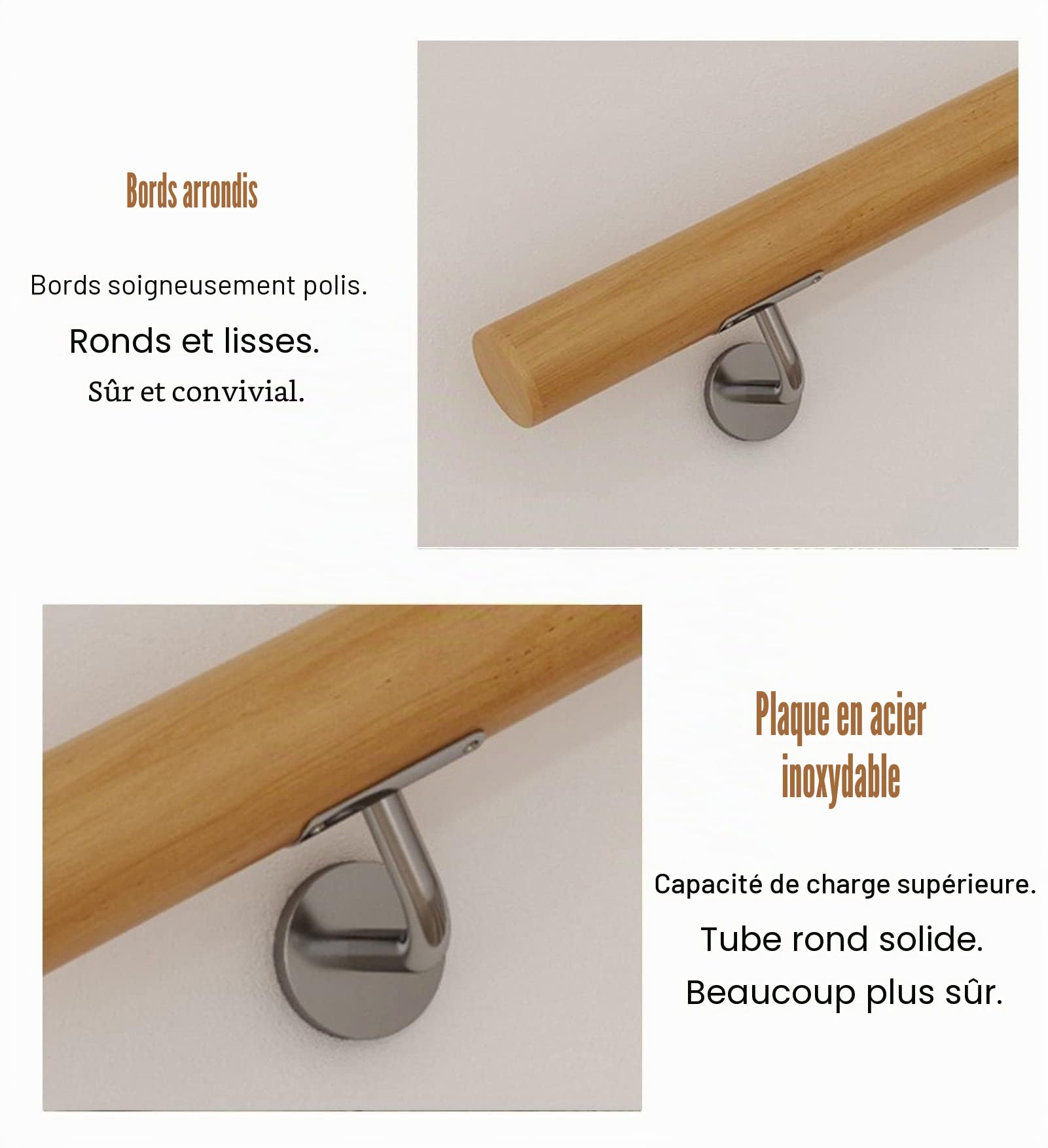 1m / 2m / 3m / 4m / 5m / 6m Mains Courantes en Bois pour Escaliers Intérieurs, Main Courante d'Escalier Antidérapante pour Personnes Âgées, Barre d'Appui Murale pour Rail de Rampe avec Suppo